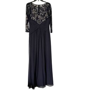 Adrianna Papell Maxi Dress Size 8 Navy Blue 3/4 Sleeve‎ Chiffon Beaded Gown